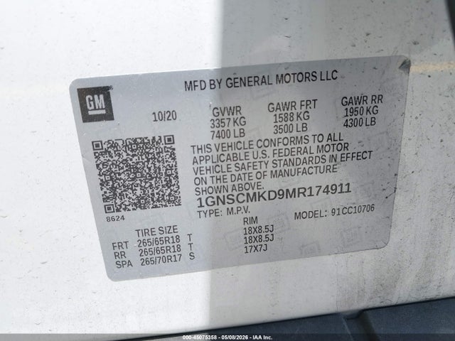 Продаж на аукціоні авто 2021 Chevrolet Tahoe 2wd Ls, vin: 1GNSCMKD9MR174911, номер лоту: 45075358