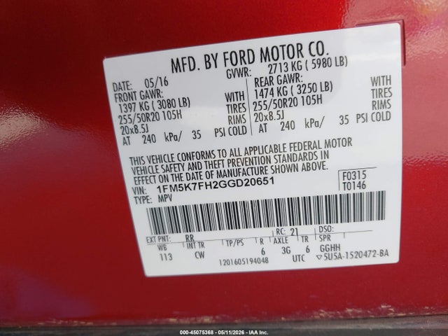 45075368 :رقم المزاد ، 1FM5K7FH2GGD20651 vin ، 2016 Ford Explorer Limited مزاد بيع