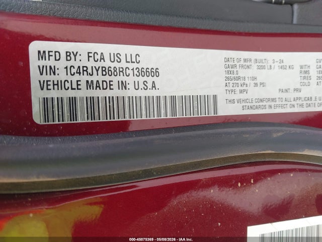 2024 Jeep Grand Cherokee 4xe მანქანა იყიდება აუქციონზე, vin: 1C4RJYB68RC136666, აუქციონის ნომერი: 45075369