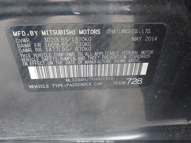 Aukcja sprzedaży 2015 Mitsubishi Mirage Es, vin: ML32A4HJ7FH001315, numer aukcji: 45075377