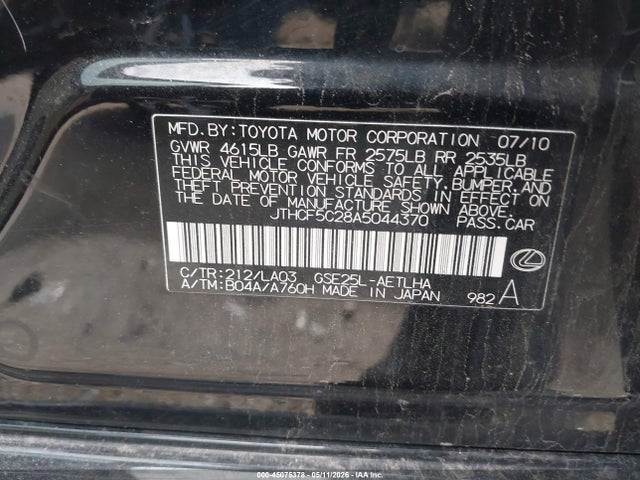 Aukcja sprzedaży 2010 Lexus Is 250, vin: JTHCF5C28A5044370, numer aukcji: 45075378