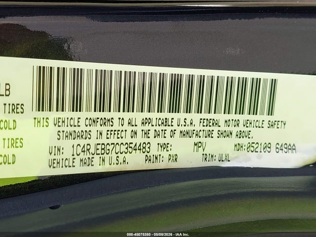 Продажа на аукционе авто 2012 Jeep Grand Cherokee Limited, vin: 1C4RJEBG7CC354483, номер лота: 45075380