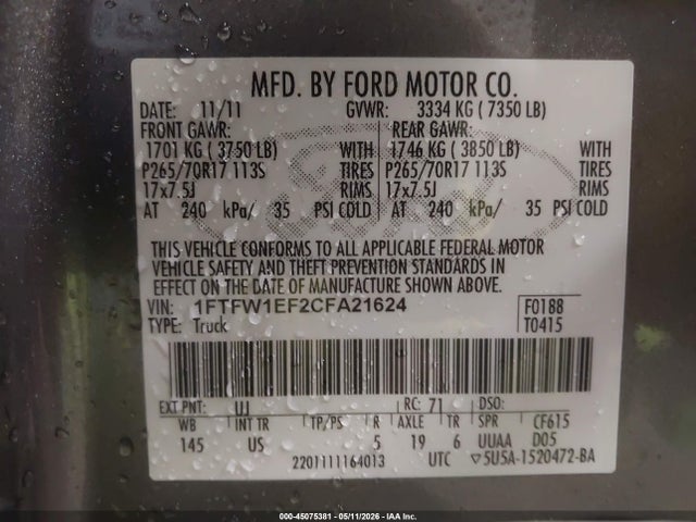 45075381 :رقم المزاد ، 1FTFW1EF2CFA21624 vin ، 2012 Ford F-150 Xlt مزاد بيع