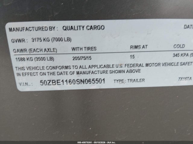 2025 Quality Cargo მანქანა იყიდება აუქციონზე, vin: 50ZBE1160SN065501, აუქციონის ნომერი: 45075391