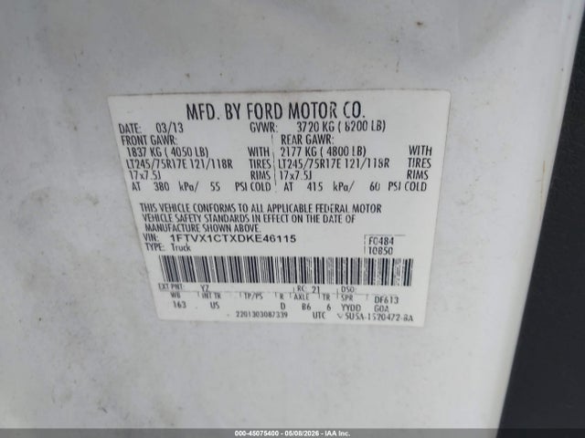 Aukcja sprzedaży 2013 Ford F-150 Xlt, vin: 1FTVX1CTXDKE46115, numer aukcji: 45075400