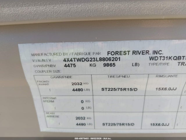 Aukcja sprzedaży 2020 Forest River Wildwood, vin: 4X4TWDG23L8806201, numer aukcji: 45075403