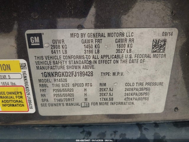 Продаж на аукціоні авто 2015 Chevrolet Traverse 1lt, vin: 1GNKRGKD2FJ189428, номер лоту: 45075407