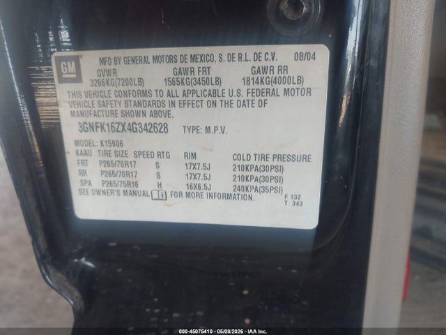 45075410 :رقم المزاد ، 3GNFK16ZX4G342628 vin ، 2004 Chevrolet Suburban 1500 Z71 مزاد بيع