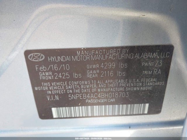 Продаж на аукціоні авто 2011 Hyundai Sonata Gls, vin: 5NPEB4AC4BH018703, номер лоту: 45075420
