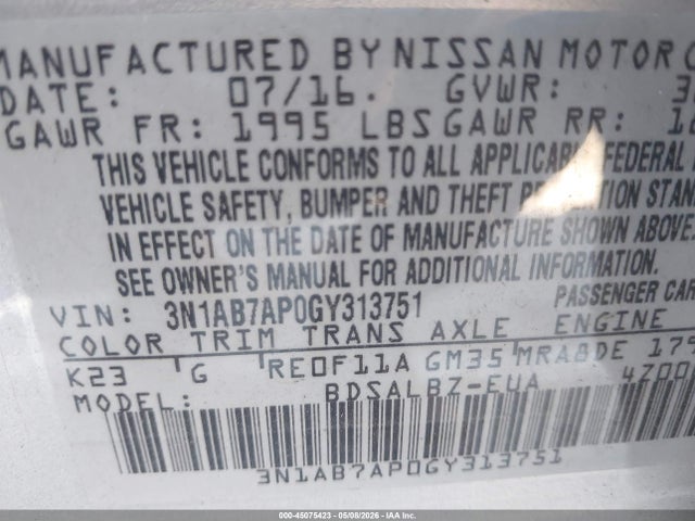 3N1AB7AP0GY313751 Nissan SENTRA S