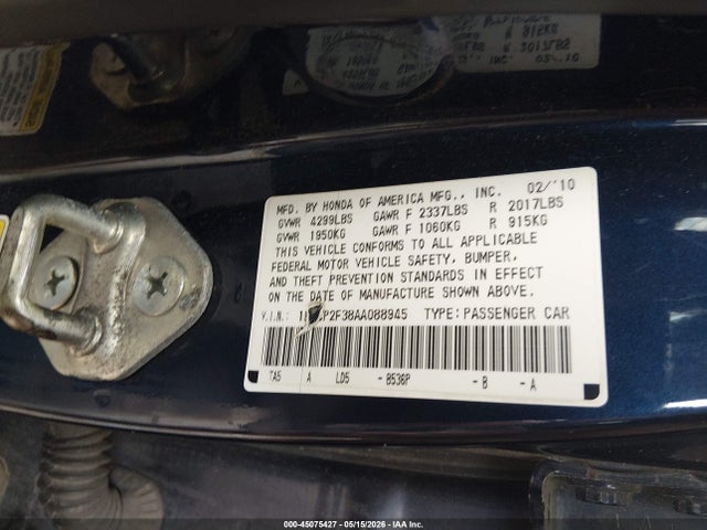 45075427 :رقم المزاد ، 1HGCP2F38AA088945 vin ، 2010 Honda Accord 2.4 Lx مزاد بيع