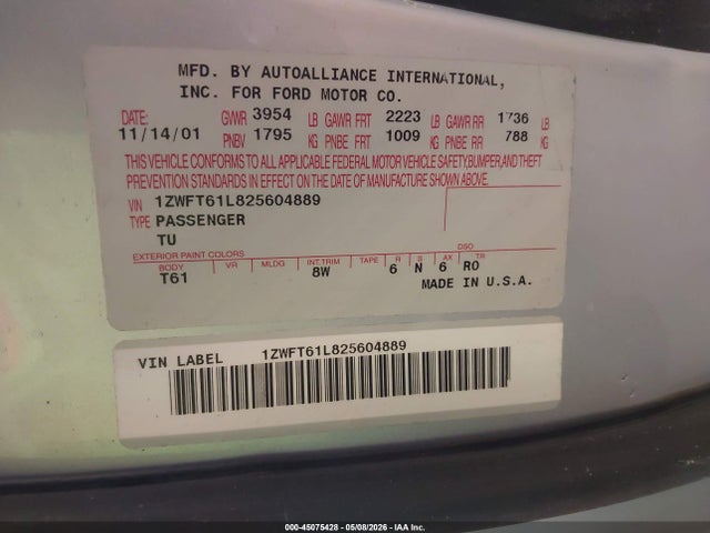 Продаж на аукціоні авто 2002 Mercury Cougar V6, vin: 1ZWFT61L825604889, номер лоту: 45075428