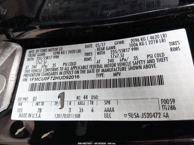 45075431 :رقم المزاد ، 1FMCU0F72HUD92016 vin ، 2017 Ford Escape S مزاد بيع