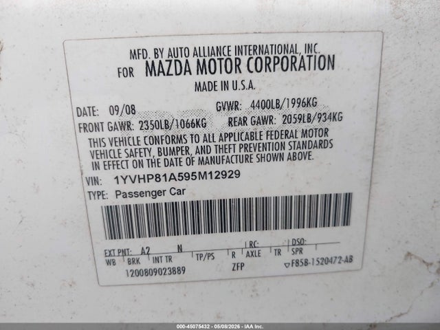 Aukcja sprzedaży 2009 Mazda Mazda6 I Sport, vin: 1YVHP81A595M12929, numer aukcji: 45075432
