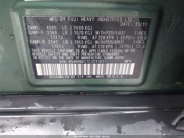 Продаж на аукціоні авто 2012 Subaru Outback 2.5i Limited, vin: 4S4BRBKC1C3231831, номер лоту: 45075449