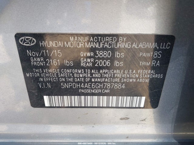 2016 Hyundai Elantra Se მანქანა იყიდება აუქციონზე, vin: 5NPDH4AE6GH787884, აუქციონის ნომერი: 45075450