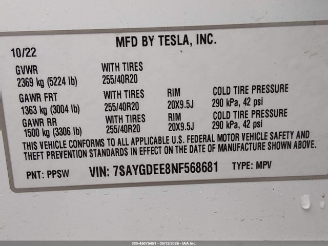 2022 Tesla Model Y Long Range Dual Motor All-wheel Drive მანქანა იყიდება აუქციონზე, vin: 7SAYGDEE8NF568681, აუქციონის ნომერი: 45075451