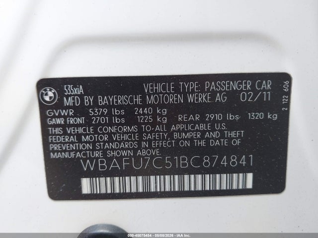 Продаж на аукціоні авто 2011 Bmw 535i Xdrive, vin: WBAFU7C51BC874841, номер лоту: 45075454