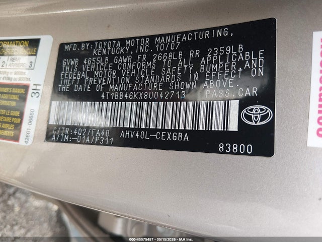 Продажа на аукционе авто 2008 Toyota Camry Hybrid, vin: 4T1BB46KX8U042713, номер лота: 45075457