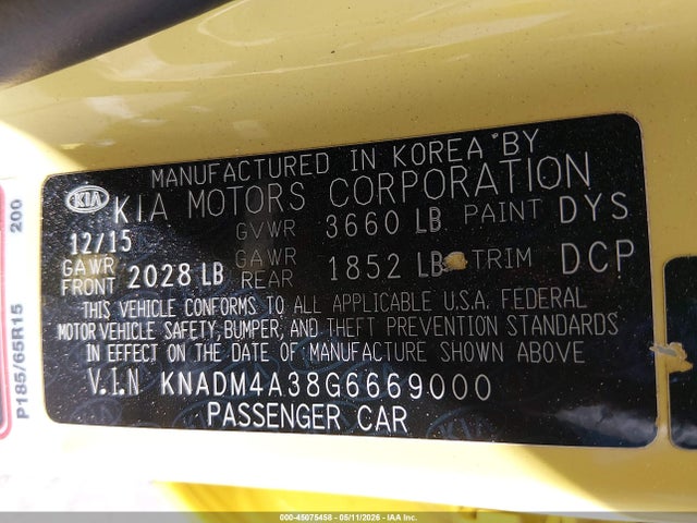 45075458 :رقم المزاد ، KNADM4A38G6669000 vin ، 2016 Kia Rio Lx مزاد بيع