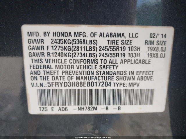 45075462 :رقم المزاد ، 5FRYD3H88EB017204 vin ، 2014 Acura Mdx Advance Pkg W/entertainment Pkg مزاد بيع