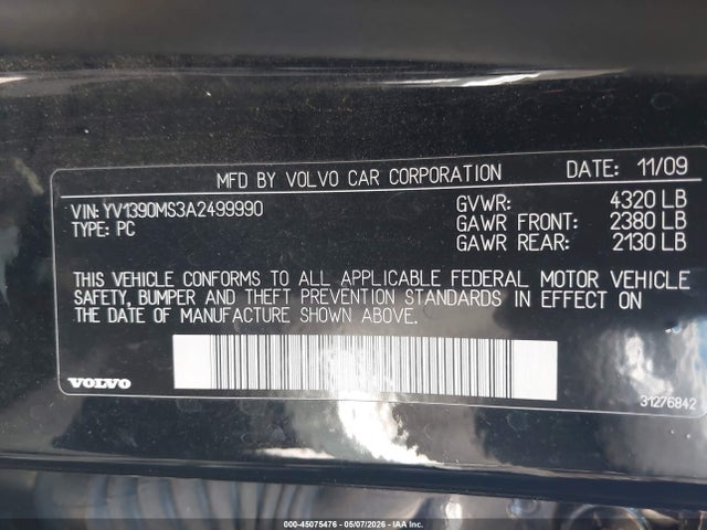 Auction sale of the 2010 Volvo S40 2.4i, vin: YV1390MS3A2499990, lot number: 45075476