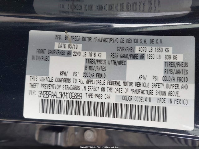 Aukcja sprzedaży 2019 Mazda Mazda3 Select Package, vin: 3MZBPAAL3KM109889, numer aukcji: 45075491