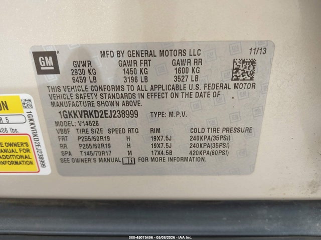 2014 Gmc Acadia Slt-1 მანქანა იყიდება აუქციონზე, vin: 1GKKVRKD2EJ238999, აუქციონის ნომერი: 45075496