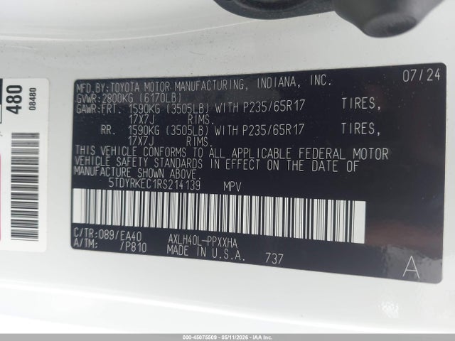 45075509 :رقم المزاد ، 5TDYRKEC1RS214139 vin ، 2024 Toyota Sienna Xle مزاد بيع