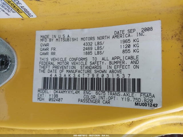45075512 :رقم المزاد ، 4A3AK34T79E031537 vin ، 2009 Mitsubishi Eclipse Gt مزاد بيع