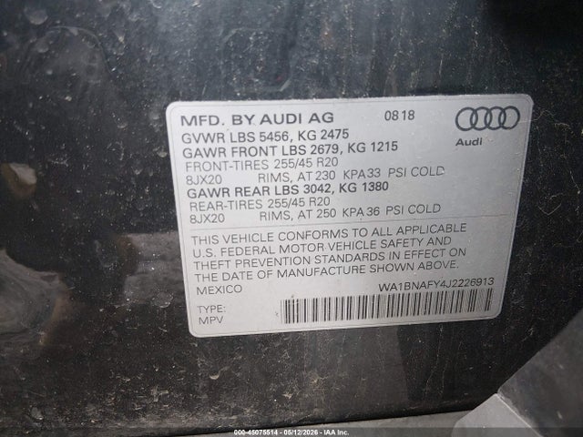 Продажа на аукционе авто 2018 Audi Q5 2.0t Premium/2.0t Tech Premium, vin: WA1BNAFY4J2226913, номер лота: 45075514