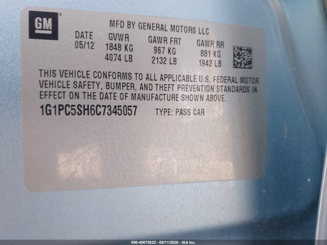 Aukcja sprzedaży 2012 Chevrolet Cruze Ls, vin: 1G1PC5SH6C7345057, numer aukcji: 45075522