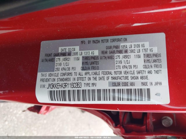 Aukcja sprzedaży 2024 Mazda Cx-90 Phev Premium Plus, vin: JM3KKEHA3R1160353, numer aukcji: 45075523