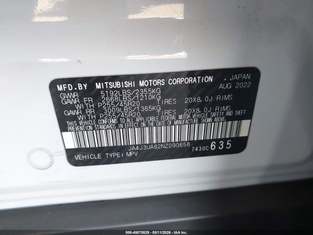 Aukcja sprzedaży 2022 Mitsubishi Outlander Black Edition 2wd/se 2.5 2wd/se Launch Edition 2wd, vin: JA4J3UA82NZ090658, numer aukcji: 45075529