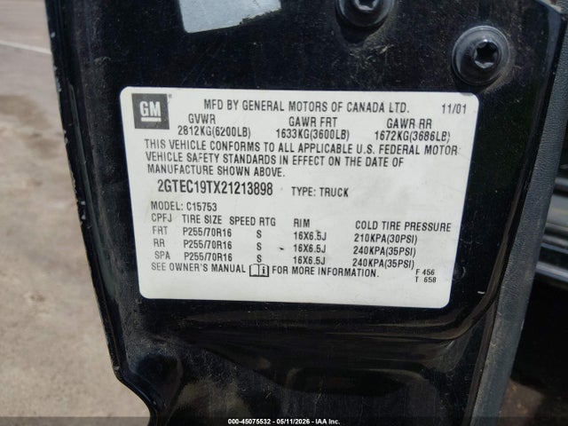 2002 Gmc Sierra 1500 Sl მანქანა იყიდება აუქციონზე, vin: 2GTEC19TX21213898, აუქციონის ნომერი: 45075532