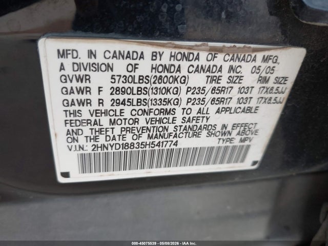 Aukcja sprzedaży 2005 Acura Mdx, vin: 2HNYD18835H541774, numer aukcji: 45075539