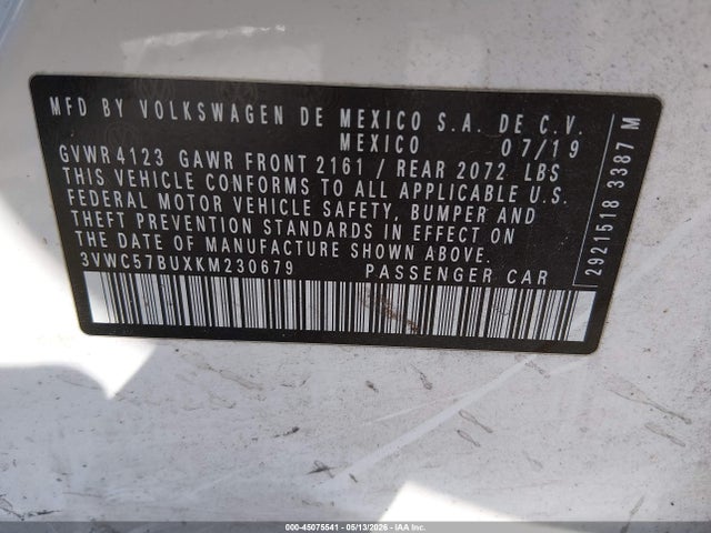 Aukcja sprzedaży 2019 Volkswagen Jetta 1.4t R-line/1.4t S/1.4t Se, vin: 3VWC57BUXKM230679, numer aukcji: 45075541
