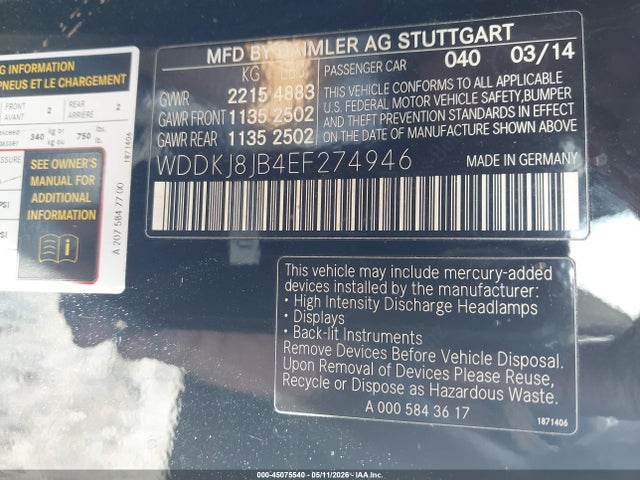 45075540 :رقم المزاد ، WDDKJ8JB4EF274946 vin ، 2014 Mercedes-benz E 350 4matic مزاد بيع