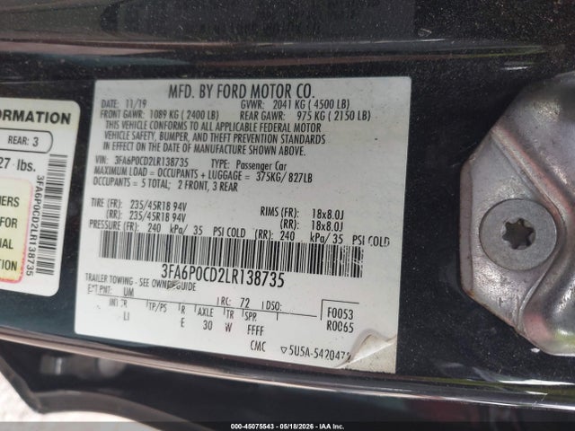 Ford FUSION SEL 2020 3FA6P0CD2LR138735 Image 9