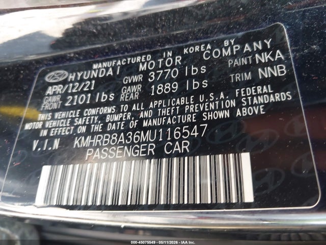 Aukcja sprzedaży 2021 Hyundai Venue Se, vin: KMHRB8A36MU116547, numer aukcji: 45075549