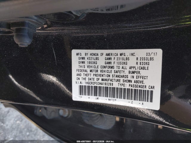 Aukcja sprzedaży 2017 Honda Accord Sport, vin: 1HGCR2F53HA190269, numer aukcji: 45075561