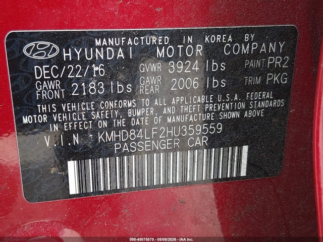KMHD84LF2HU359559 Hyundai Elantra Limited