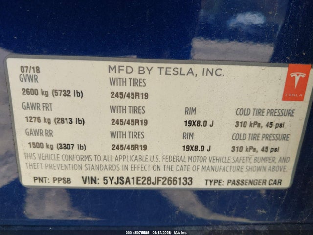 Aukcja sprzedaży 2018 Tesla Model S 100d/75d/p100d, vin: 5YJSA1E28JF266133, numer aukcji: 45075585