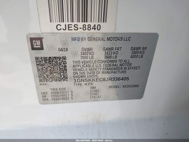 45075593 :رقم المزاد ، 1GNSKKEC8JR336405 vin ، 2018 Chevrolet Suburban Commercial Fleet مزاد بيع