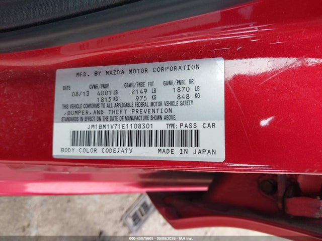45075605 :رقم المزاد ، JM1BM1V71E1108301 vin ، 2014 Mazda Mazda3 I Touring مزاد بيع