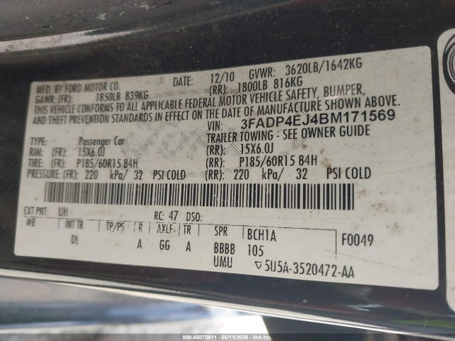 Aukcja sprzedaży 2011 Ford Fiesta Se, vin: 3FADP4EJ4BM171569, numer aukcji: 45075611