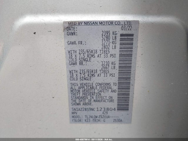 Продажа на аукционе авто 2022 Nissan Murano Sv Intelligent Awd, vin: 5N1AZ2BS9NC123804, номер лота: 45075614
