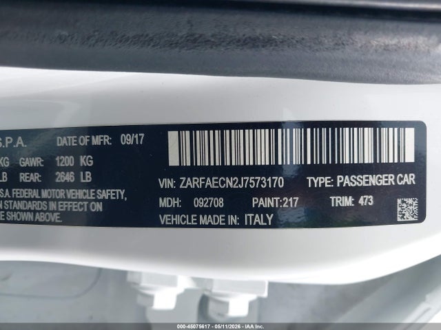 45075617 :رقم المزاد ، ZARFAECN2J7573170 vin ، 2018 Alfa Romeo Giulia Ti Sport مزاد بيع