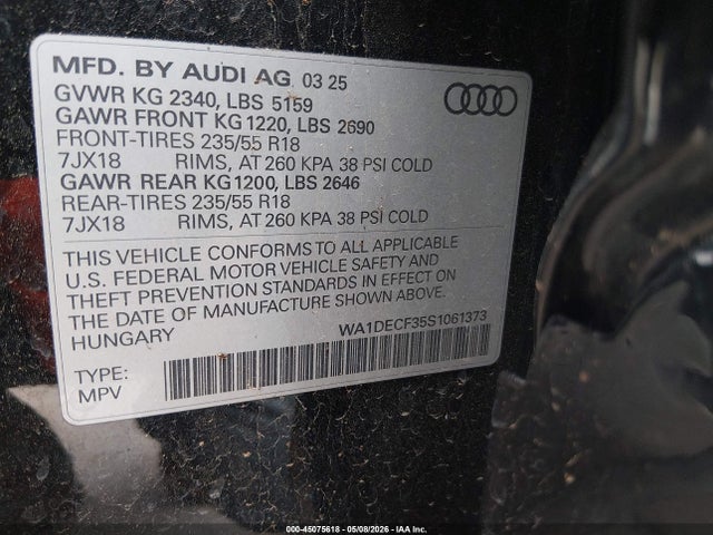 Aukcja sprzedaży 2025 Audi Q3 Premium 45 Tfsi S Line Quattro Tiptronic, vin: WA1DECF35S1061373, numer aukcji: 45075618