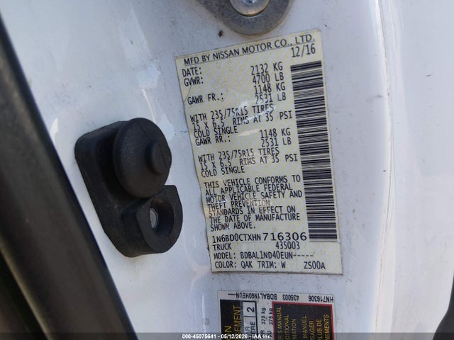 Aukcja sprzedaży 2017 Nissan Frontier S, vin: 1N6BD0CTXHN716306, numer aukcji: 45075641
